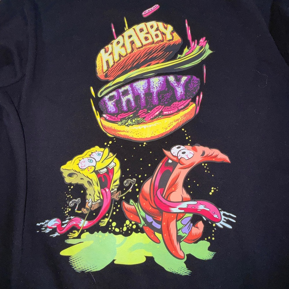 H&M SpongeBob Krabby Patty Hoodie Men L Black Graphic Pullover Trippy Art